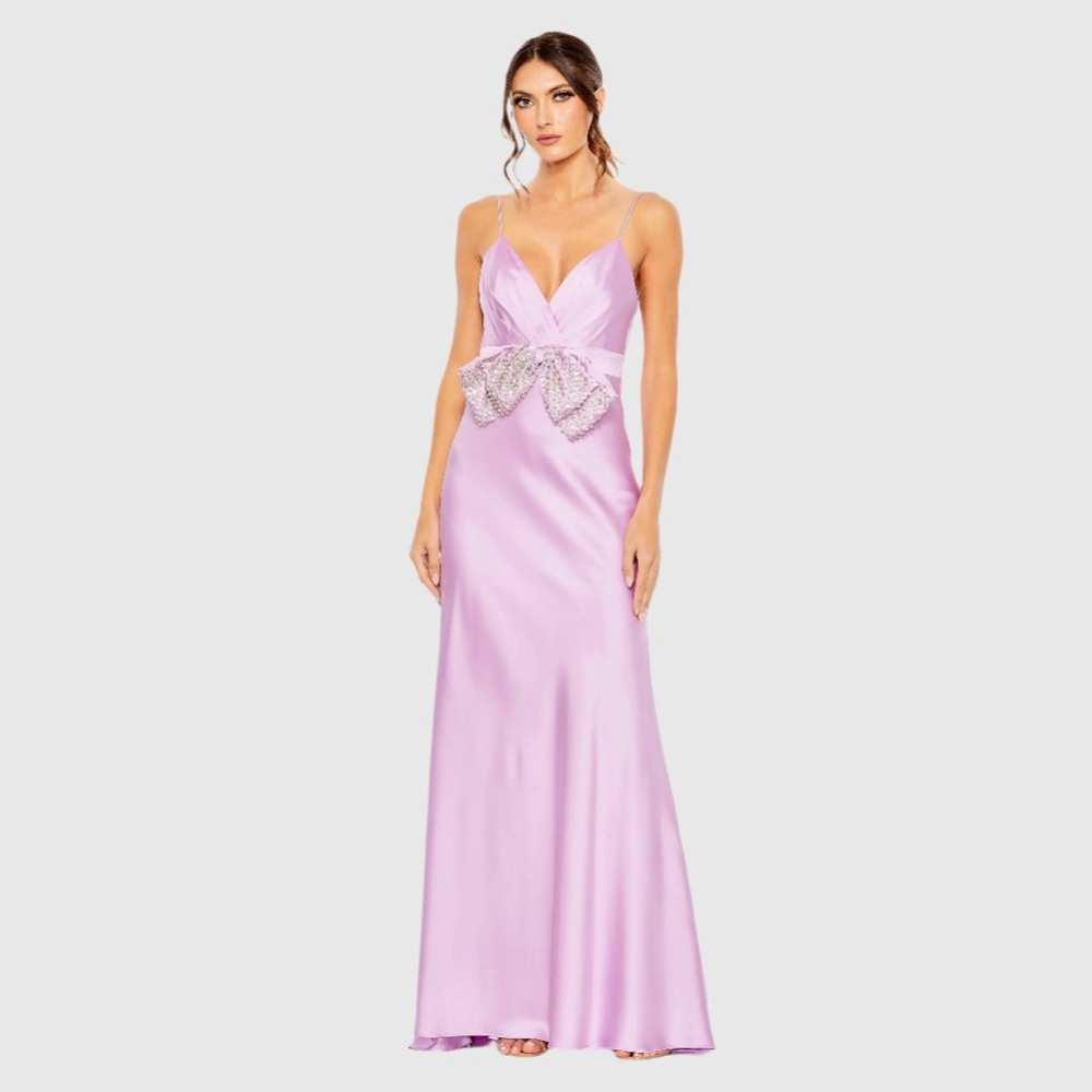 Mac Duggal Lilac Rhinestone Bow Cami Draped Trumpet Gown